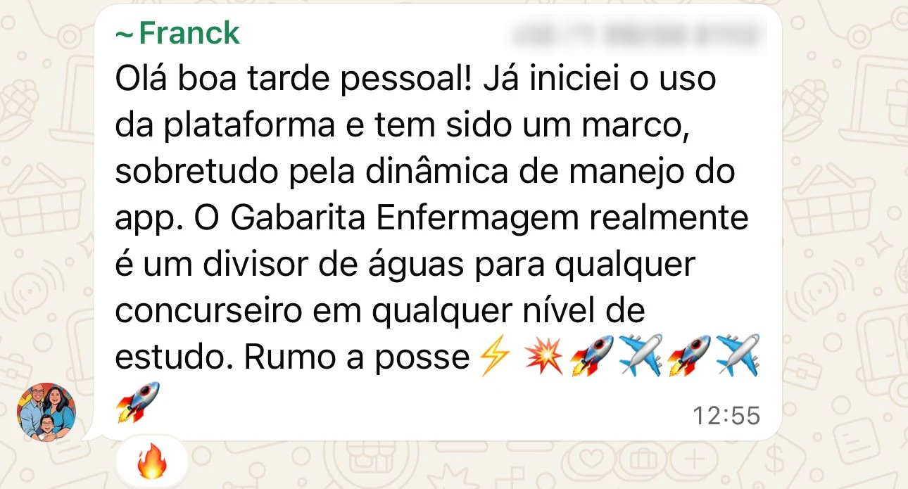 Mensagem recebida de um aluno do GabaritaEnfermagem sobre sua experiência com o método
